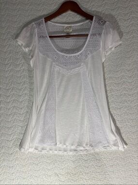 White Crochet-Inset Scoop Neck Blouse